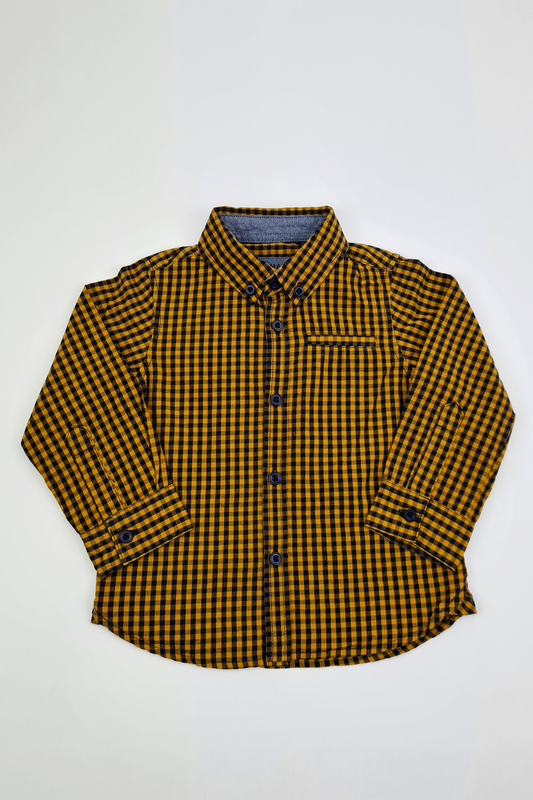 12–18 Monate – 100 % Baumwolle, gelb kariertes Hemd mit Knöpfen (Primark)