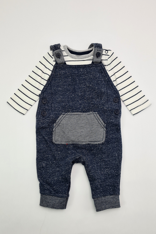 0-3m - Navy Dungarees & Stripe Bodysuit Outfit (George)