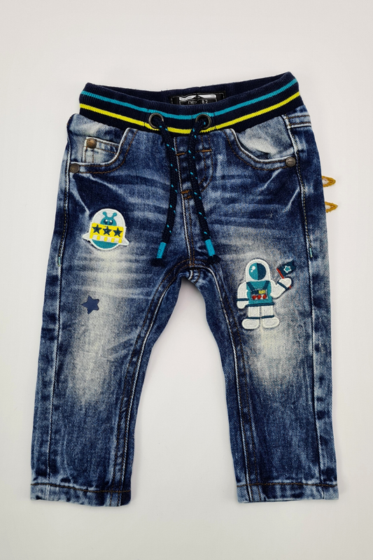 3–6 Monate – Mittelblaue Pull-On-Jeans mit gerippter Taille und Charakter (Weiter)