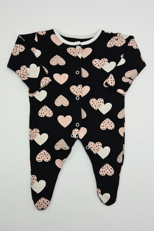 First Size (9lbs) - Black Heart Print Sleepsuit (George)
