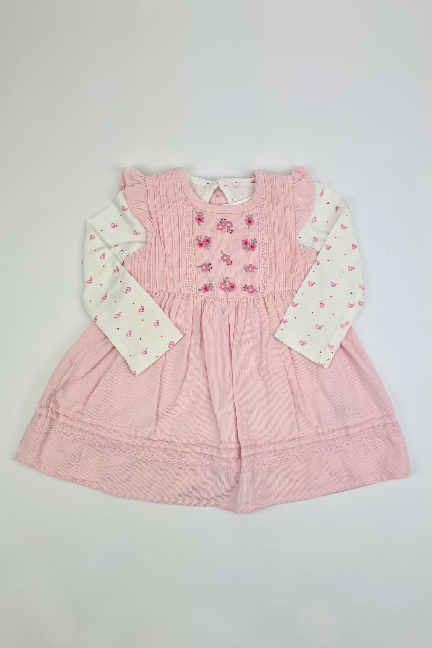 6-9m - Embroidered Corduroy Dress & Flower Print T-shirt Outfit