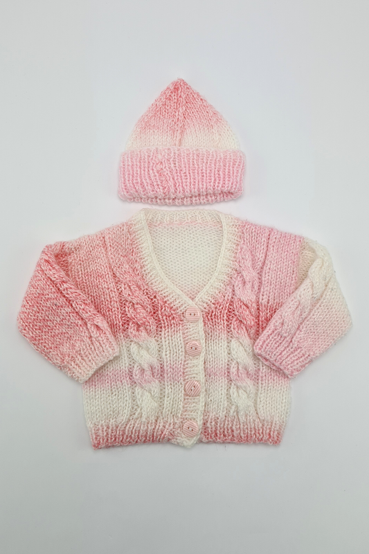 Nouveau-né (10lbs) - Ensemble cardigan et bonnet rose et blanc fait à la main