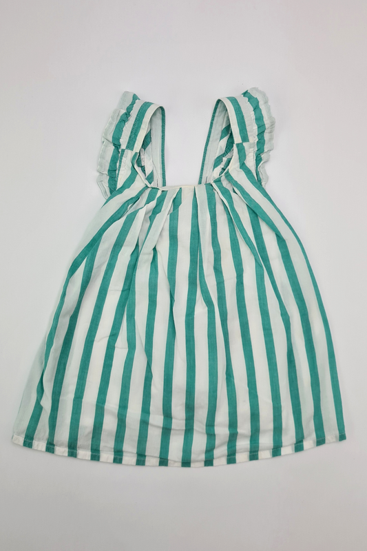 3–6 m – Weiß-blaugrünes, vertikal gestreiftes, ärmelloses Kleid (M&amp;S)