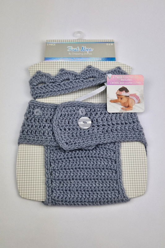 0-6m - Blue Crochet Crown & Diaper Cover Set