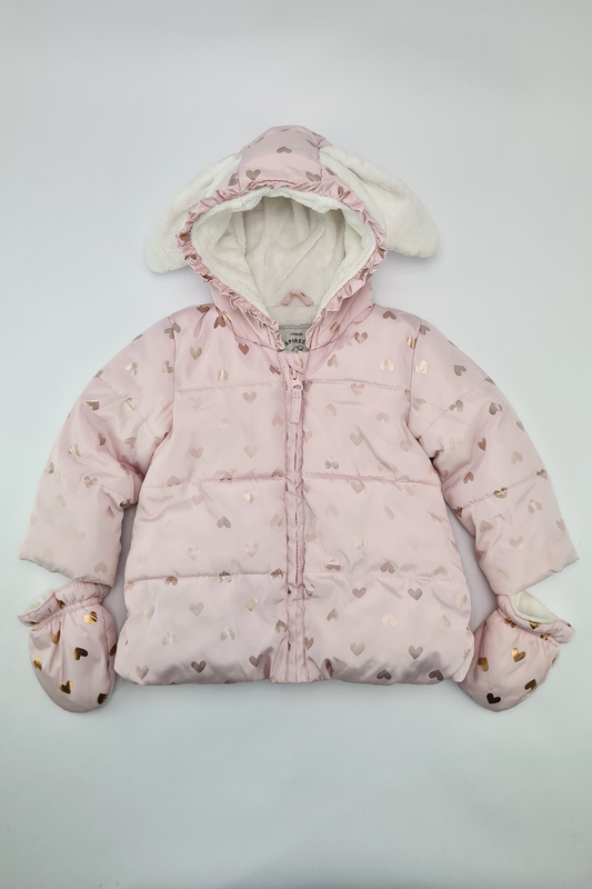 12-18m - Pink Heart Print Hooded Coat & Matching Mittens