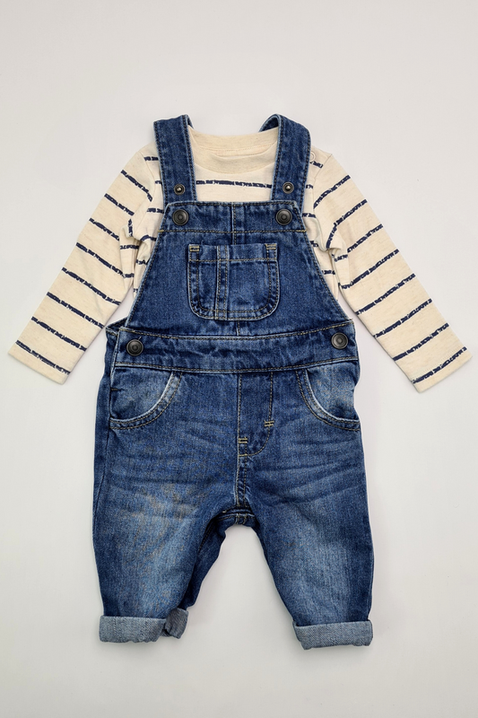 0-3m - 100% Cotton Denim Dungarees & Stripe Top Outfit (F&F)