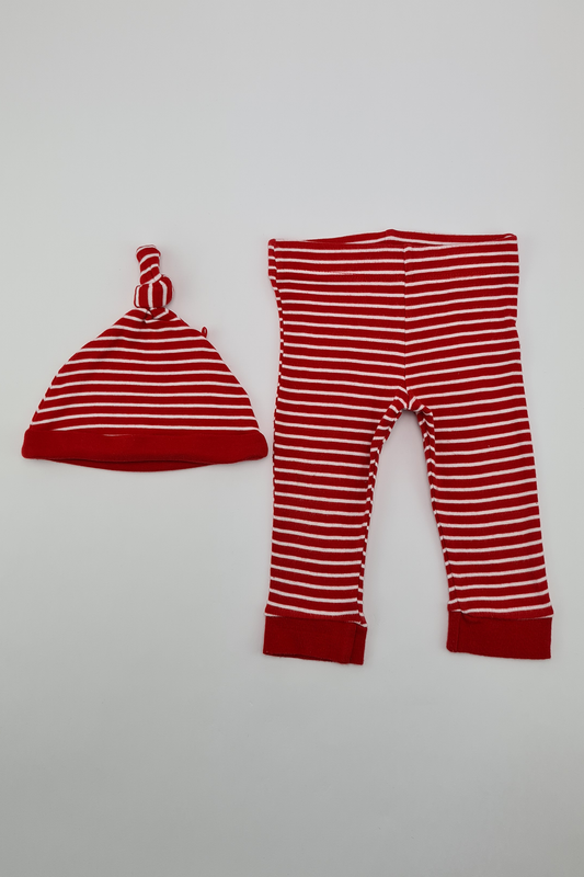 3-6 mois - Leggings rayés rouges et blancs + bonnet à nœud assorti
