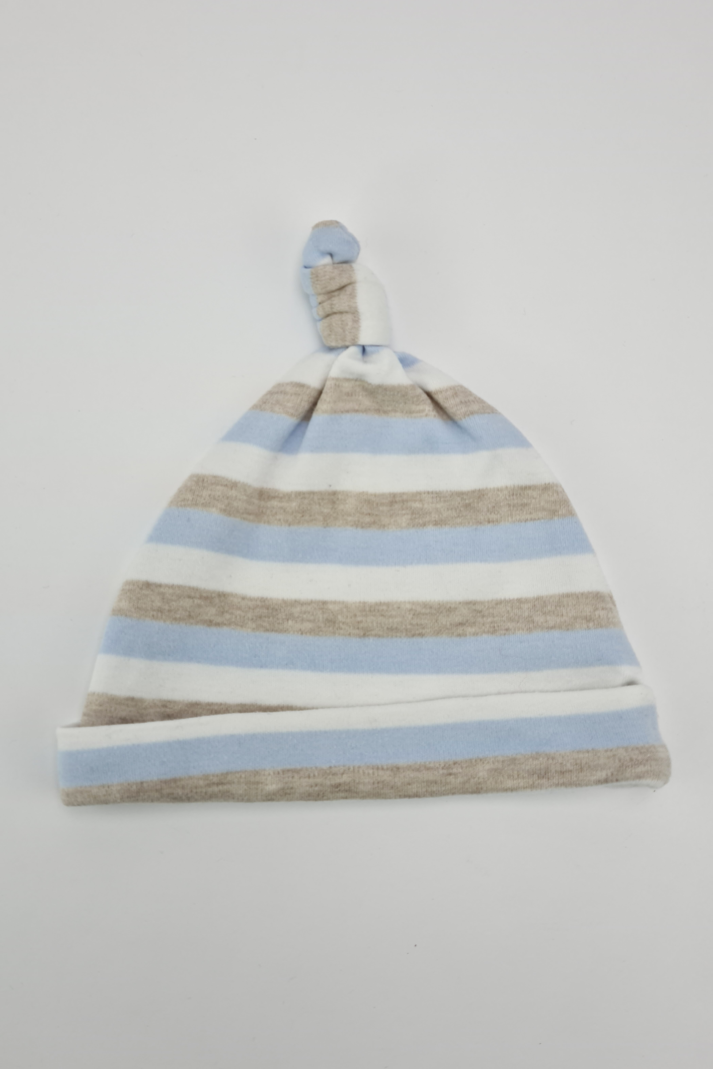 3-6m - Grey, Blue & White Striped Knot Hat