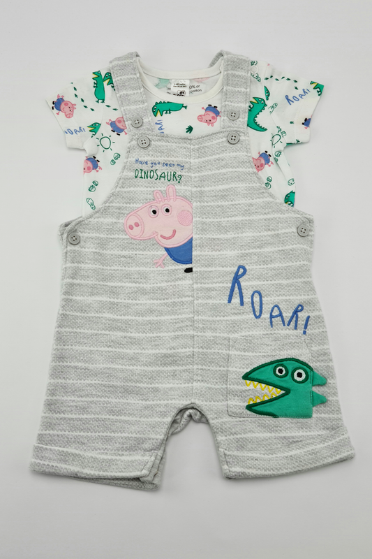 3-6m - Peppa Pig's George & Mr. Dinosaur Dungaree Outfit. Cotton