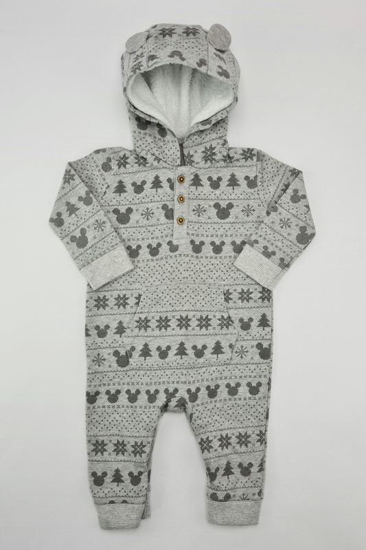 3-6m - Grey Mickey Mouse Hooded Romper (George). Cotton.