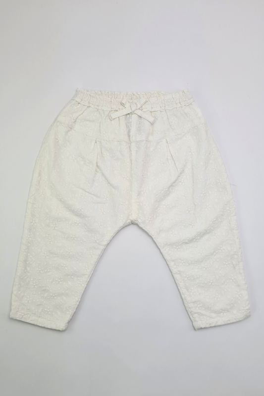9-12m - 100% Cotton Embroidered White Trousers (Next)