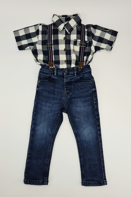 12-18 mois - Tenue jean à bretelles et chemise boutonnée à carreaux