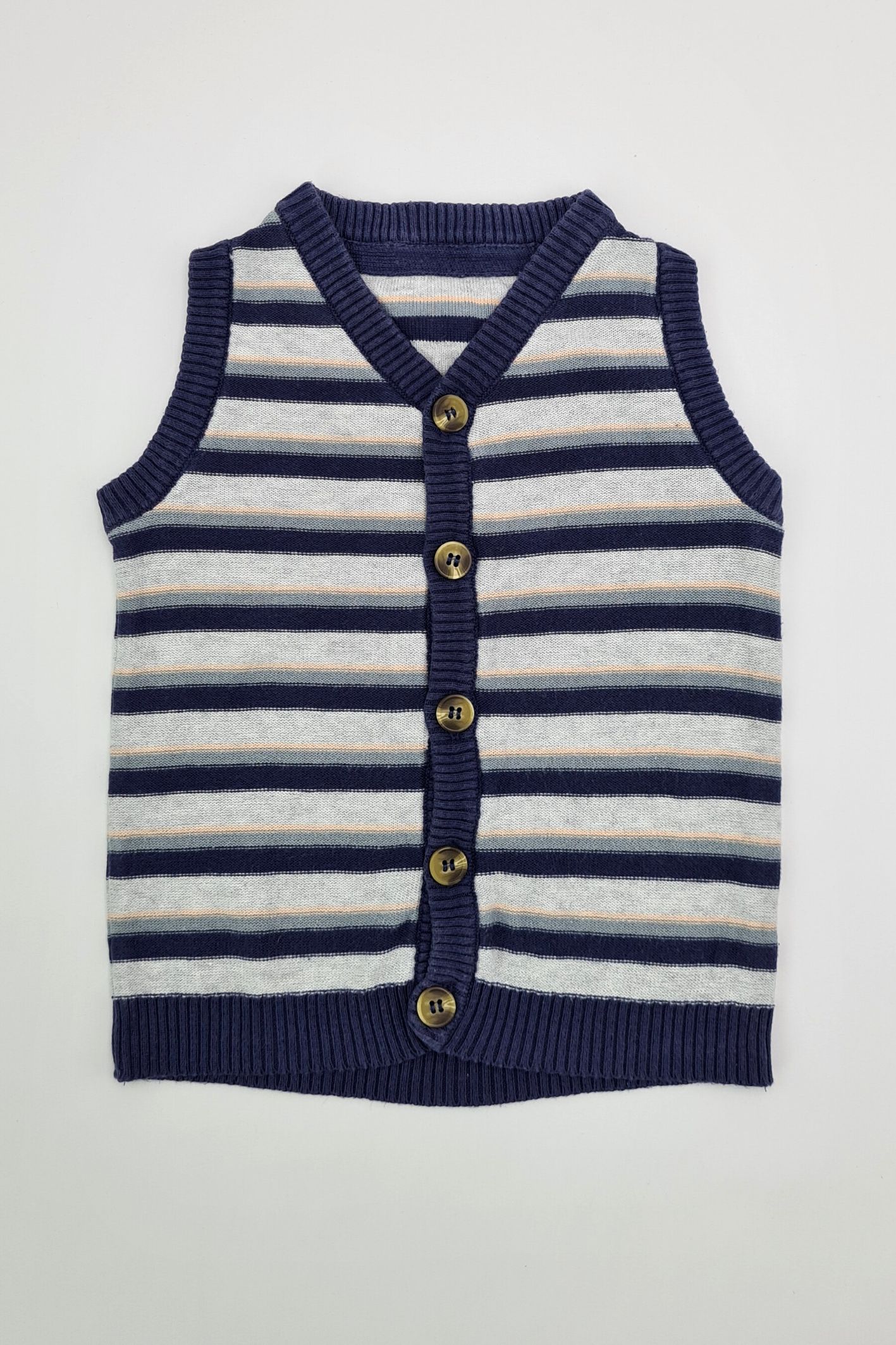 12–18 Monate – 100 % Baumwolle, ärmelloser Cardigan mit blauen und grauen Streifen (George)